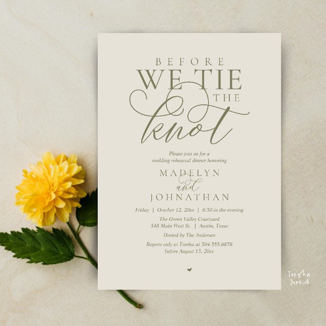 Convite "Antes de dar o nó", Jantar de Ensaio do Casamento ("Before we tie the knot", Modern Romantic Wedding Rehearsal Dinner Invites Card in Dusty Sage Cream)