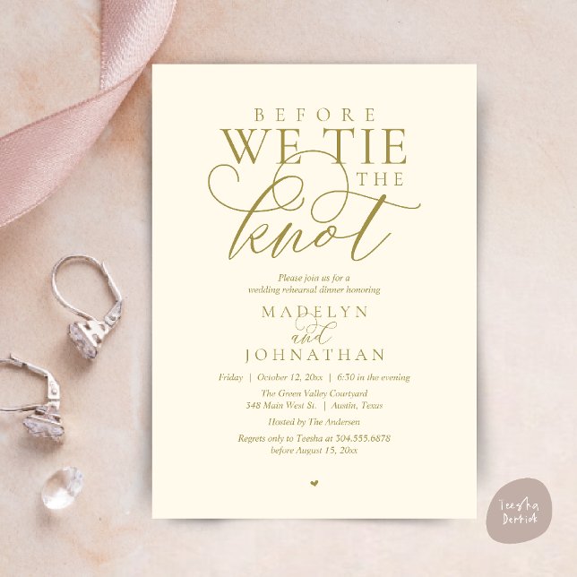 Convite "Antes de dar o nó", Jantar de Ensaio do Casamento ("Before we tie the knot", Modern Romantic Wedding Rehearsal Dinner Invites Card in Yellow Gold)
