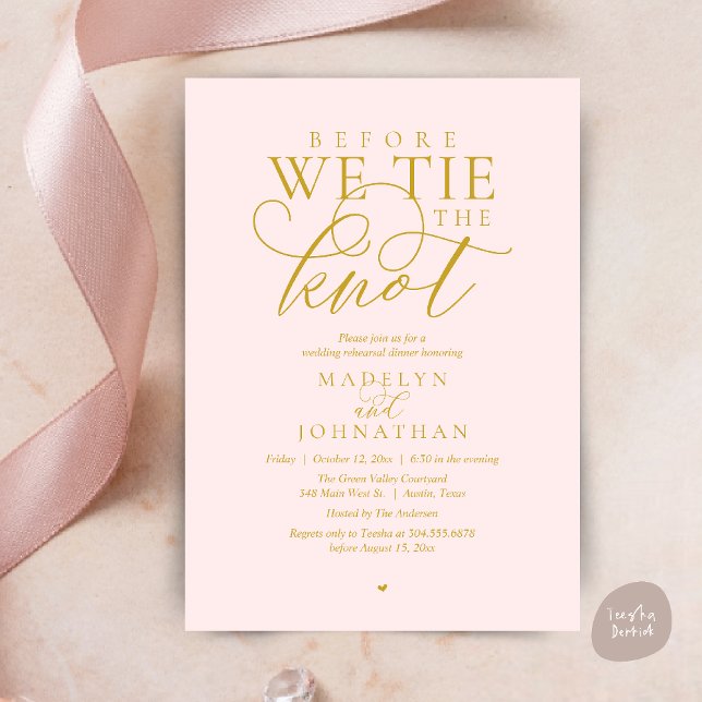 Convite "Antes de dar o nó", Jantar de Ensaio do Casamento ("Before we tie the knot", Modern Romantic Wedding Rehearsal Dinner Invites Card in Yellow Gold Blush)
