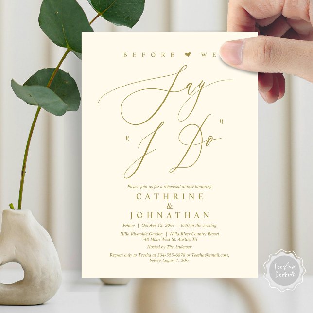 Convite Antes de dizermos "Eu faço", Janto de ensaio de ca (Before We Say "I Do", Wedding Rehearsal Dinner Invitation Card, Digital PDF JPG, in Elegant Gold)