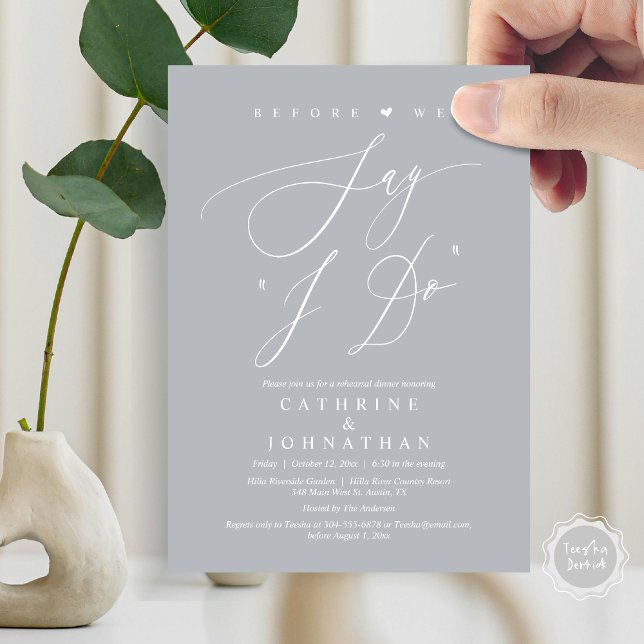 Convite Antes de dizermos "Eu faço", Janto de ensaio de ca (Before We Say "I Do", Wedding Rehearsal Dinner Invitation Card, Digital PDF JPG, in Chill Grey)