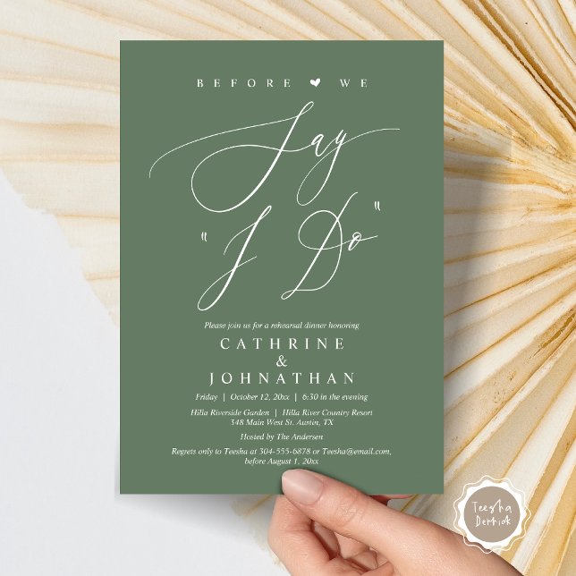 Convite Antes de dizermos "Eu faço", Janto de ensaio de ca (Before We Say "I Do", Wedding Rehearsal Dinner Invitation Card, Digital PDF JPG, Forest Sage Green)