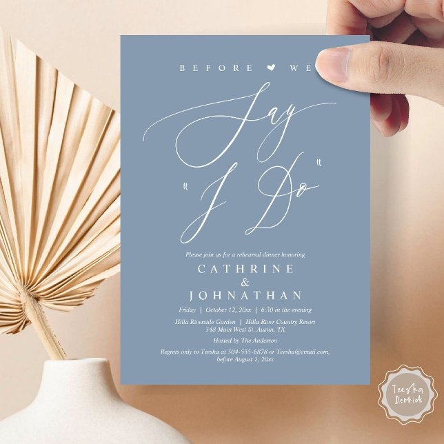 Convite Antes de dizermos "Eu faço", Janto de ensaio de ca (Before We Say "I Do", Wedding Rehearsal Dinner Invitation Card, Digital PDF JPG, in Dusty Blue)