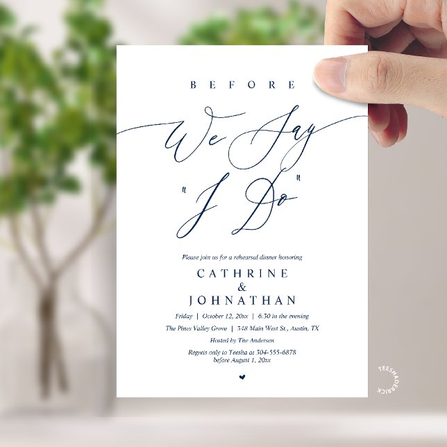 Convite Antes de dizermos "Sim", Jantar de Ensaio de Casam (Before we say "I Do", Modern Romantic Wedding Rehearsal Dinner Invitation Card in Navy Blue)