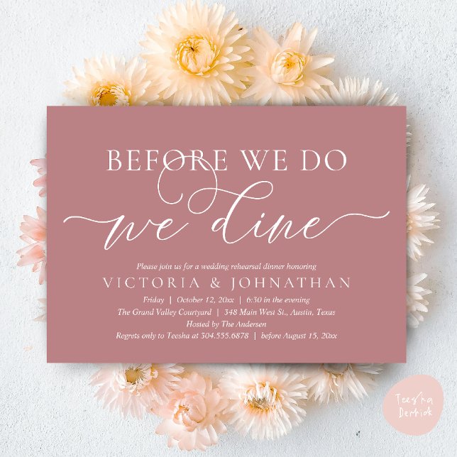 Convite Antes De Fazermos, Comemos, Janta De Ensaio De Cas (Before We Do, We Dine,  Wedding Rehearsal Dinner Party Classy Romantic Invites Card PDF Dusty Rose)