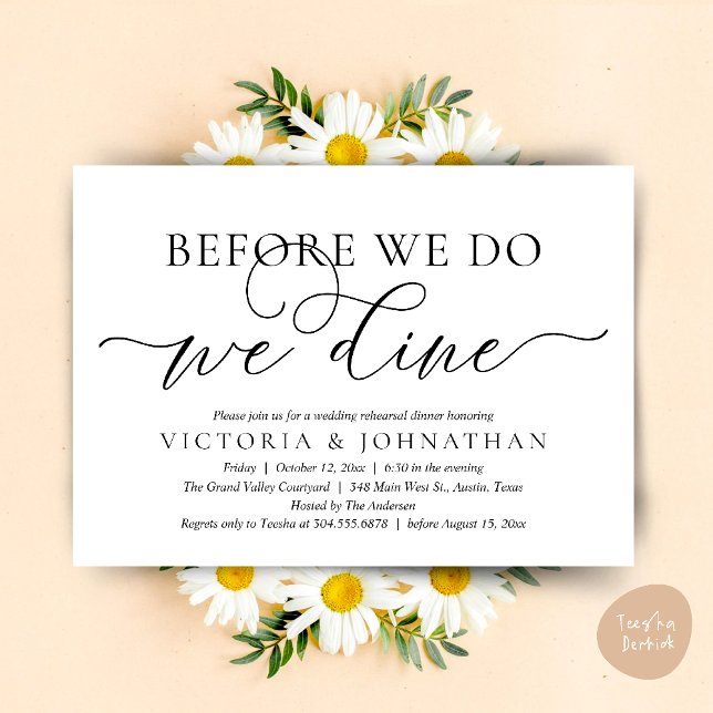 Convite Antes De Fazermos, Comemos, Janta De Ensaio De Cas (Before We Do, We Dine,  Wedding Rehearsal Dinner Party Classy Romantic Invites Card PDF White Black)