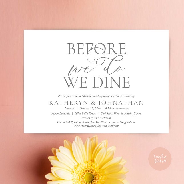 Convite Antes De Fazermos, Comemos, Janta De Ensaio De Cas (Before We Do, We Dine, Wedding Rehearsal Dinner Invitation Card, PDF, in Romantic Script, Dark Grey)