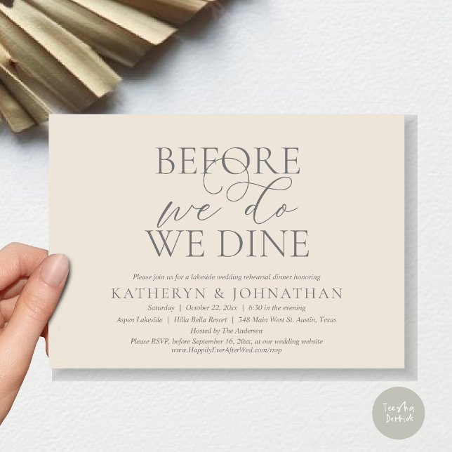 Convite Antes De Fazermos, Comemos, Janta De Ensaio De Cas (Before We Do, We Dine, Wedding Rehearsal Dinner Invitation Card, PDF, in Romantic Script, Cream Grey)