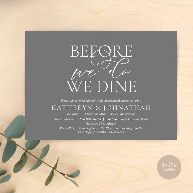 Convite Antes De Fazermos, Comemos, Janta De Ensaio De Cas (Before We Do, We Dine, Wedding Rehearsal Dinner Invitation Card, PDF, in Romantic Script, Dark Grey)