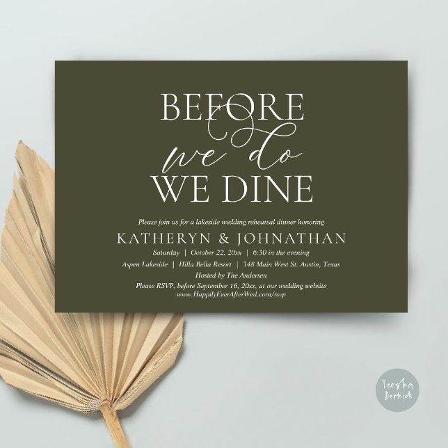 Convite Antes De Fazermos, Comemos, Janta De Ensaio De Cas (Before We Do, We Dine, Wedding Rehearsal Dinner Invitation Card, PDF, in Romantic Script, Olive )