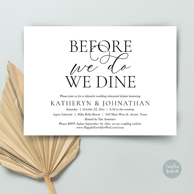 Convite Antes De Fazermos, Comemos, Janta De Ensaio De Cas (Before We Do, We Dine, Wedding Rehearsal Dinner Invitation Card, PDF, in Romantic Script, Black)