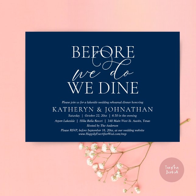 Convite Antes De Fazermos, Comemos, Janta De Ensaio De Cas (Before We Do, We Dine, Wedding Rehearsal Dinner Invitation Card, PDF, in Romantic Script, Navy Blue)