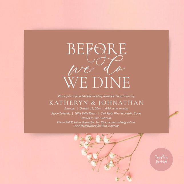 Convite Antes De Fazermos, Comemos, Janta De Ensaio De Cas (Before We Do, We Dine, Wedding Rehearsal Dinner Invitation Card, PDF, in Romantic Script, Terracotta)