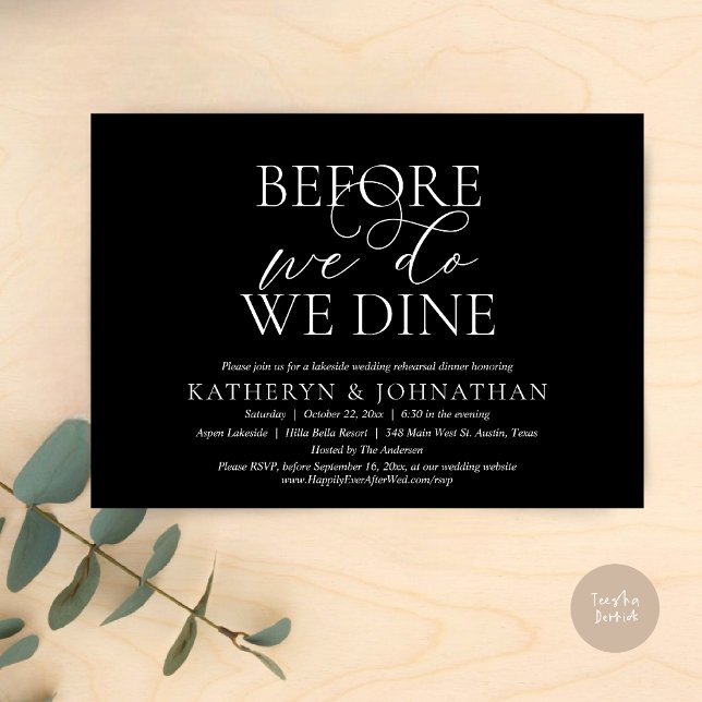 Convite Antes De Fazermos, Comemos, Janta De Ensaio De Cas (Before We Do, We Dine, Wedding Rehearsal Dinner Invitation Card, PDF, in Romantic Script, Black)