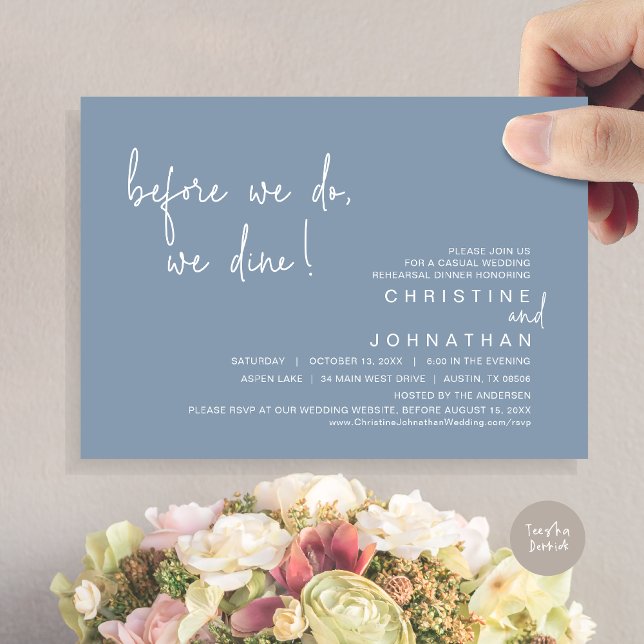 Convite Antes De Fazermos, Comemos O Janto De Ensaio, Dust (Before We Do, We Dine, Wedding Rehearsal Dinner Invitation Card, PDF, in Dusty Blue)