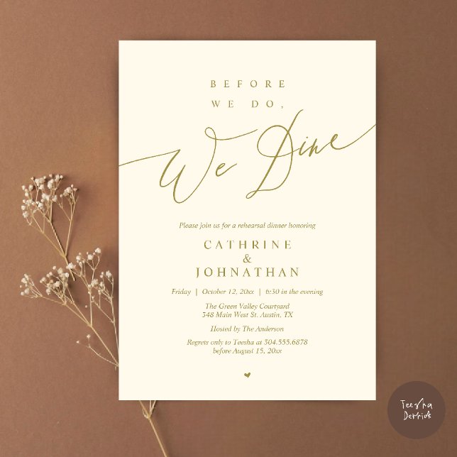 Convite Antes de fazermos isso, jantamos, Jantar de Ensaio (Before we do, we dine, Modern Elegant Romantic Rehearsal Dinner Invitation Card in Yellow Gold)