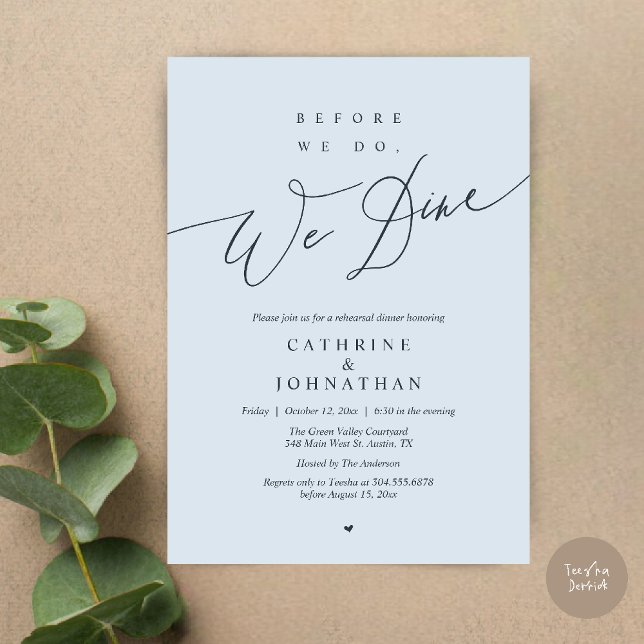 Convite Antes de fazermos isso, jantamos, Jantar de Ensaio (Before we do, we dine, Modern Elegant Romantic Rehearsal Dinner Invitation Card in Misty Blue)