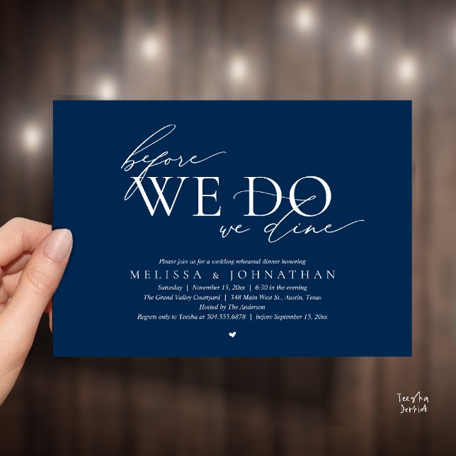 Convite Antes de Fazermos, Jantamos, Jantar de Ensaio de C (Before We Do, We Dine, Wedding Rehearsal Dinner Invitation Card Navy Blue)