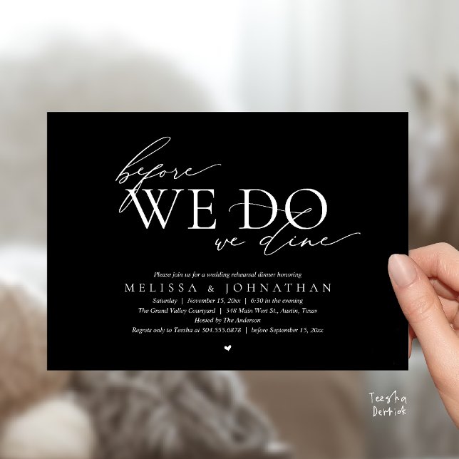 Convite Antes de Fazermos, Jantamos, Jantar de Ensaio de C (Before We Do, We Dine, Wedding Rehearsal Dinner Invitation Card Black White)