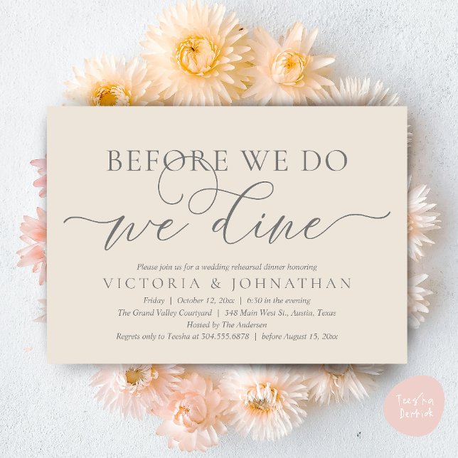 Convite Antes de Fazermos, Jantamos, Jantar de Ensaios de  (Before We Do, We Dine,  Wedding Rehearsal Dinner Party Classy Romantic Invites Card PDF Cream Grey)
