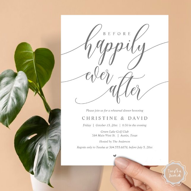 Convite Antes De Feliz Após O Janto De Ensaio De Casamento (Before Happily Ever After, Modern Wedding Rehearsal Dinner Invitation Card, PDF, in Dark Grey)
