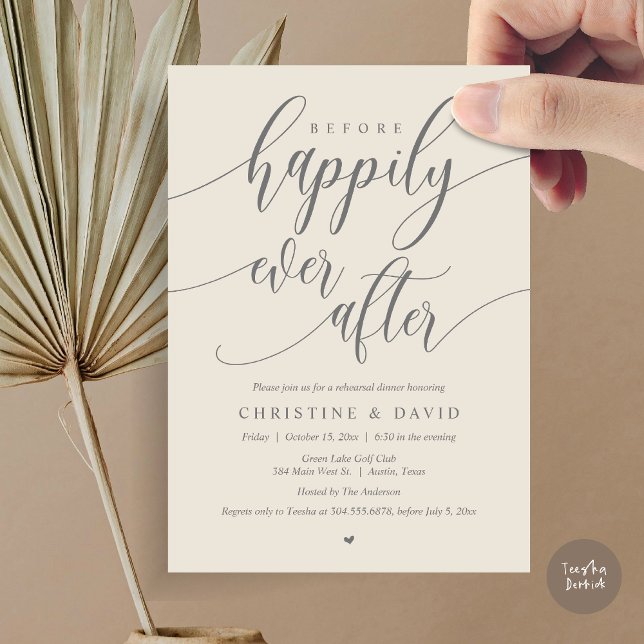 Convite Antes De Feliz Após O Janto De Ensaio De Casamento (Before Happily Ever After, Modern Wedding Rehearsal Dinner Invitation Card, PDF, in Cream Grey)