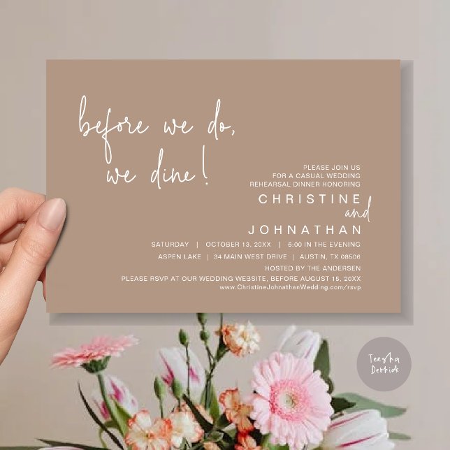 Convite Antes De Jantar, Jantar Ensaios, Taupe Quente (Before We Do, We Dine, Wedding Rehearsal Dinner Invitation Card, PDF, in Warm Grey)