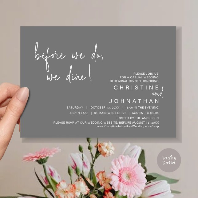 Convite Antes De O Fazermos, Comemos, Jantamos Ensaios, Ci (Before We Do, We Dine, Wedding Rehearsal Dinner Invitation Card, PDF, in Dark Grey)