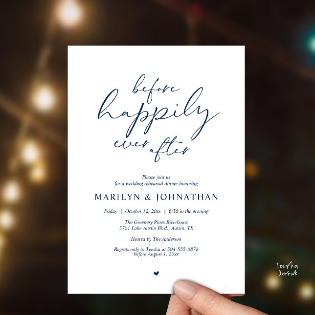 Convite Antes do Felizes Para Sempre, Ensaio Romântico (Before Happily Ever After, Modern Romantic Rehearsal Dinner Invitation Card in Navy Blue)