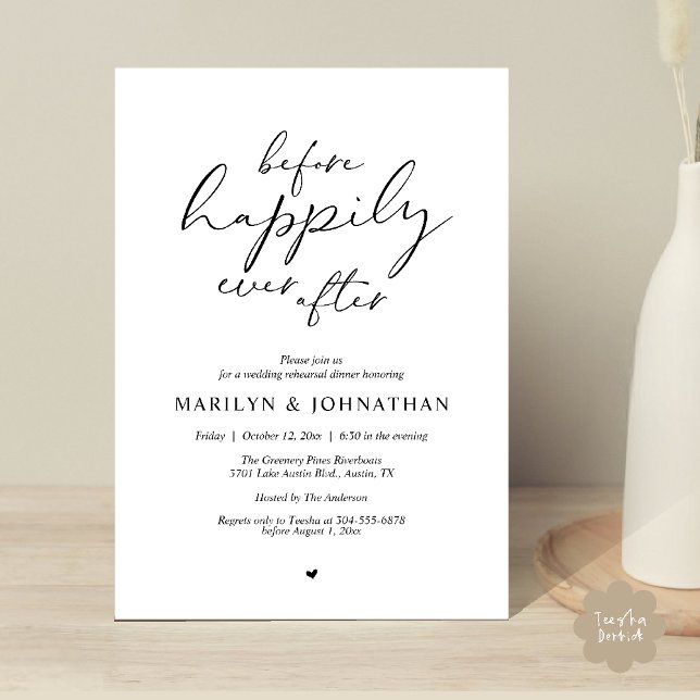 Convite Antes do Felizes Para Sempre, Ensaio Romântico (Before Happily Ever After, Modern Romantic Rehearsal Dinner Invitation Card in Black White)