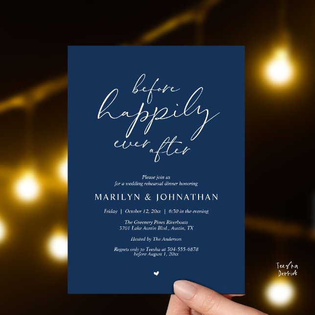 Convite Antes do Felizes Para Sempre, Ensaio Romântico (Before Happily Ever After, Modern Romantic Rehearsal Dinner Invitation Card in Navy Blue)