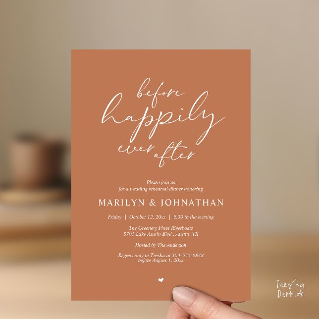 Convite Antes do Felizes Para Sempre, Ensaios Românticos (Before Happily Ever After, Modern Romantic Rehearsal Dinner Invitation Card in Terracotta Brown)