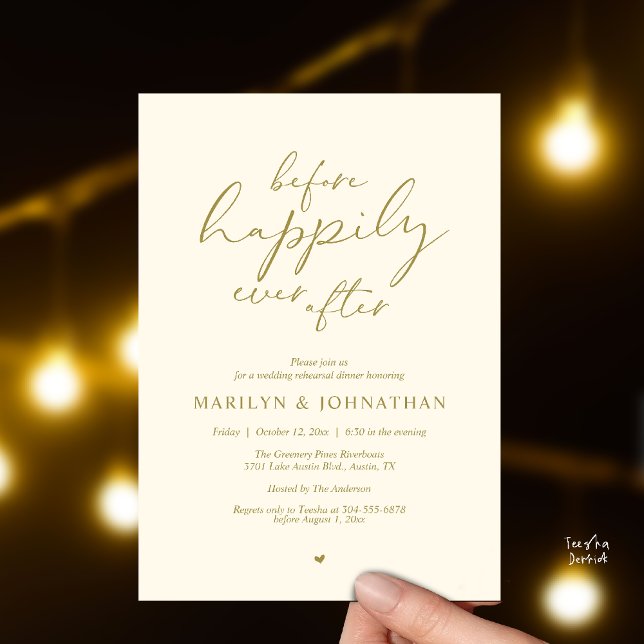 Convite Antes do Felizes Para Sempre, Ensaios Românticos (Before Happily Ever After, Modern Romantic Rehearsal Dinner Invitation Card in Yellow Gold Cream)