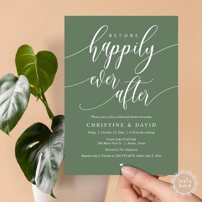 Convite Antes Feliz De Sempre, Janto De Ensaio (Before Happily Ever After, Modern Wedding Rehearsal Dinner Invitation Card, PDF, in Sage Green)
