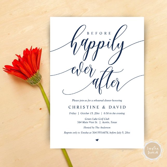 Convite Antes Feliz De Sempre, Janto De Ensaio (Before Happily Ever After, Modern Wedding Rehearsal Dinner Invitation Card, PDF, in Navy Blue)