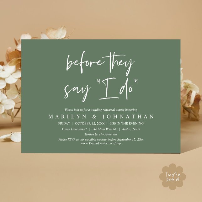 Convite Antes Que Digam "Eu Faço", Janto De Ensaio De Casa (Before They Say I Do, Rustic Modern Wedding Rehearsal Dinner Invites Card PDF Greenery Sage Green)