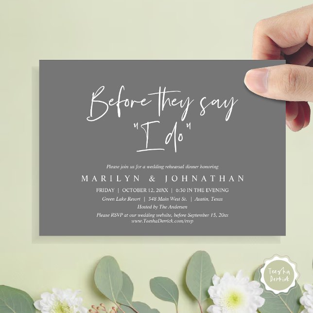 Convite Antes Que Digam "Eu Faço", Janto De Ensaio De Casa (Before They Say "I Do", Wedding Rehearsal Dinner Party Invitation Card, PDF, Grey)
