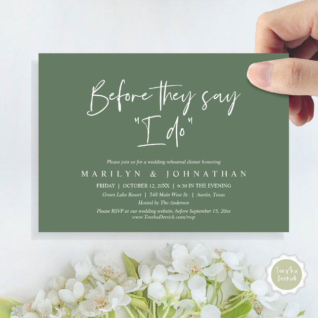 Convite Antes Que Digam "Eu Faço", Janto De Ensaio De Casa (Before They Say "I Do", Wedding Rehearsal Dinner Party Invitation Card, PDF, Sage Green Greenery)