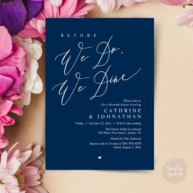 Convite Antes que o façamos, jantamos, Janto de ensaio de  (Before we do, we dine, Modern Wedding Rehearsal Romantic Dinner Invitation Card PDF Navy Blue)