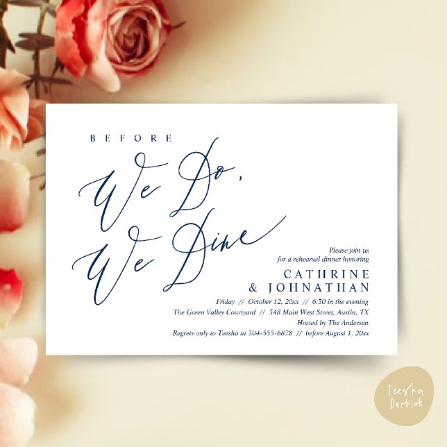 Convite Antes que o façamos, jantamos, Janto de ensaio de  (Before we do, we dine, Modern Wedding Rehearsal Romantic Dinner Invitation Card PDF Navy Blue)