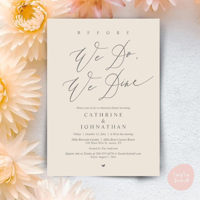Convite Antes que o façamos, jantamos, Janto de ensaio de  (Before we do, we dine, Modern Wedding Rehearsal Romantic Dinner Invitation Card PDF Cream Grey)