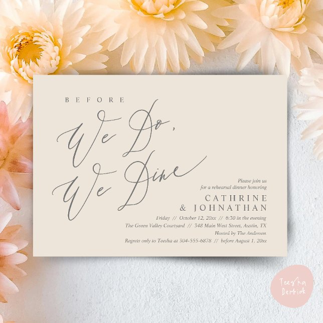 Convite Antes que o façamos, jantamos, Janto de ensaio de  (Before we do, we dine, Modern Wedding Rehearsal Romantic Dinner Invitation Card PDF Cream Grey)
