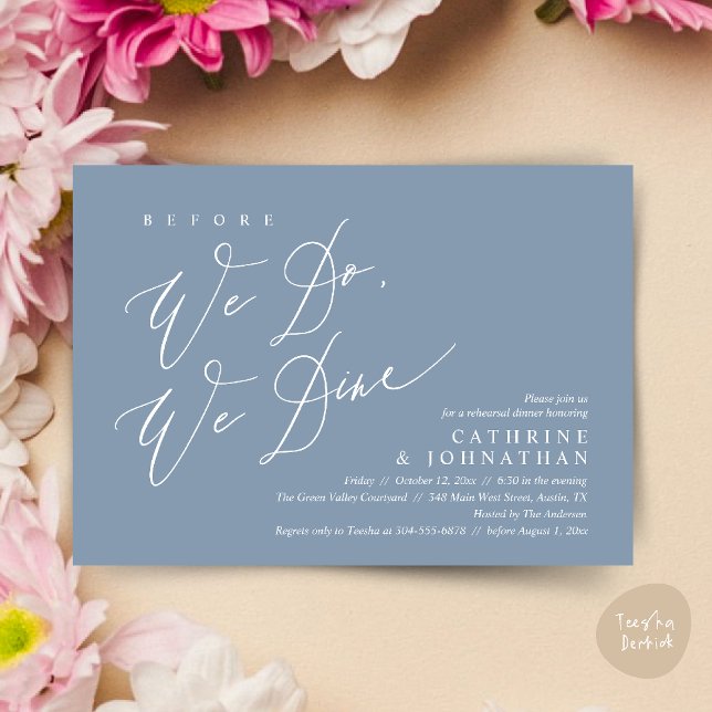Convite Antes que o façamos, jantamos, Janto de ensaio de  (Before we do, we dine, Modern Wedding Rehearsal Romantic Dinner Invitation Card PDF Dusty Blue)