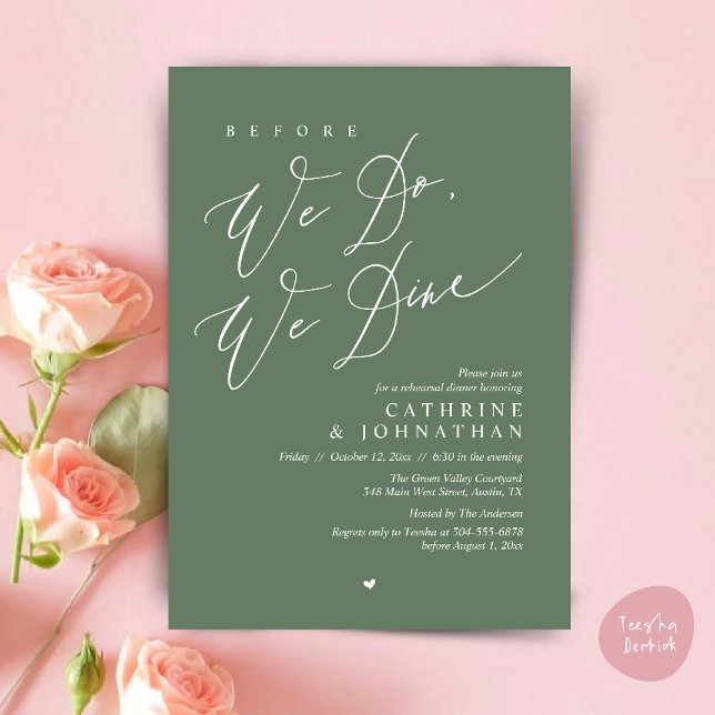 Convite Antes que o façamos, jantamos, Janto de ensaio de  (Before we do, we dine, Modern Wedding Rehearsal Romantic Dinner Invitation Card PDF Sage Green)