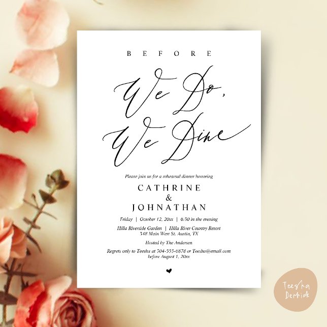 Convite Antes que o façamos, jantamos, Janto de ensaio de  (Before we do, we dine, Modern Wedding Rehearsal Romantic Dinner Invitation Card PDF Black White)