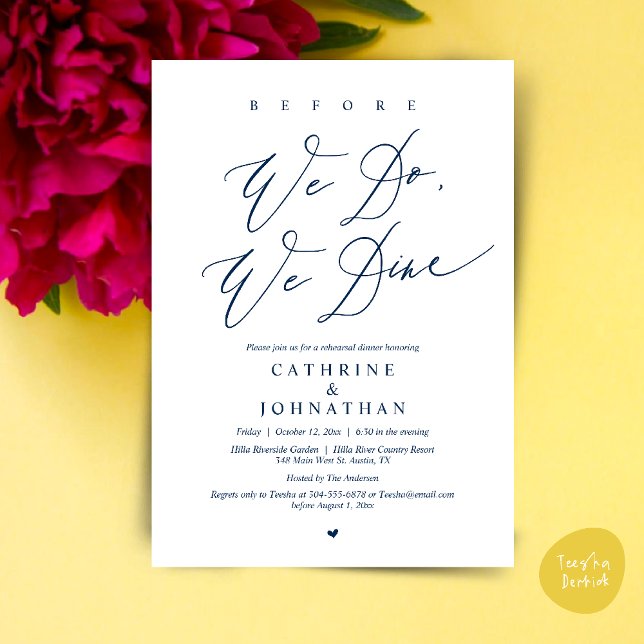 Convite Antes que o façamos, jantamos, Janto de ensaio de  (Before we do, we dine, Modern Wedding Rehearsal Romantic Dinner Invitation Card PDF Navy Blue)
