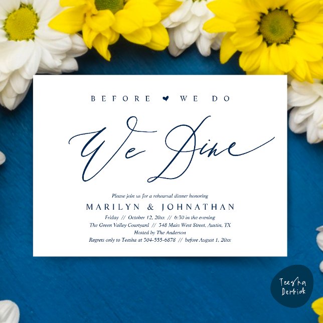 Convite Antes que o façamos, jantamos, Janto de ensaio de  (Before we do, we dine, Modern Wedding Rehearsal Romantic Dinner Invitation Card PDF Navy Blue)