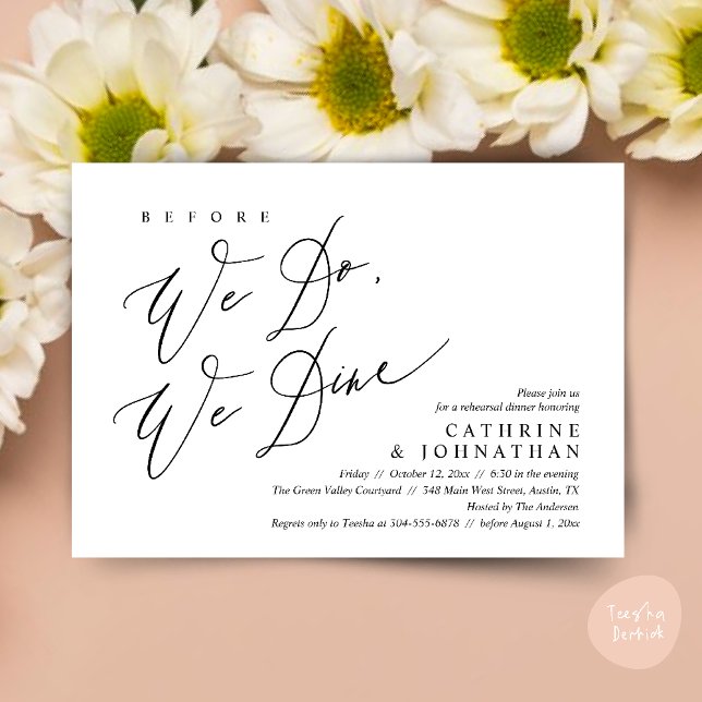 Convite Antes que o façamos, jantamos, Janto de ensaio de  (Before we do, we dine, Modern Wedding Rehearsal Romantic Dinner Invitation Card PDF Black White)