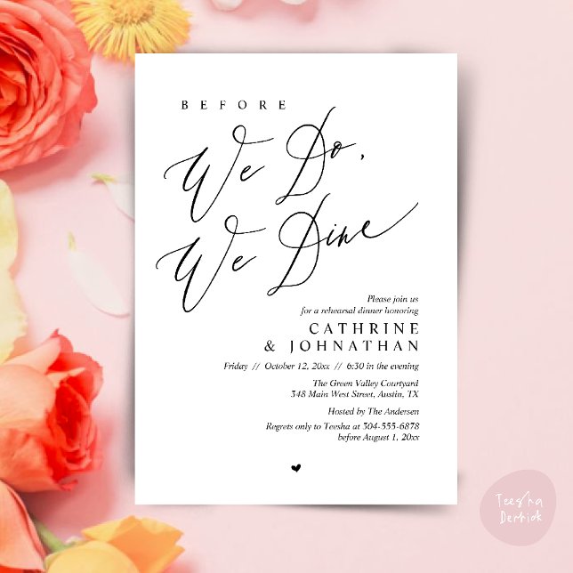 Convite Antes que o façamos, jantamos, Janto de ensaio de  (Before we do, we dine, Modern Wedding Rehearsal Romantic Dinner Invitation Card PDF Black White)