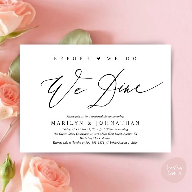 Convite Antes que o façamos, jantamos, Janto de ensaio de  (Before we do, we dine, Modern Wedding Rehearsal Romantic Dinner Invitation Card PDF Black White)
